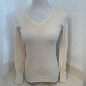 Ann Taylor Vneck Sweater, pearls on cuffs, cream